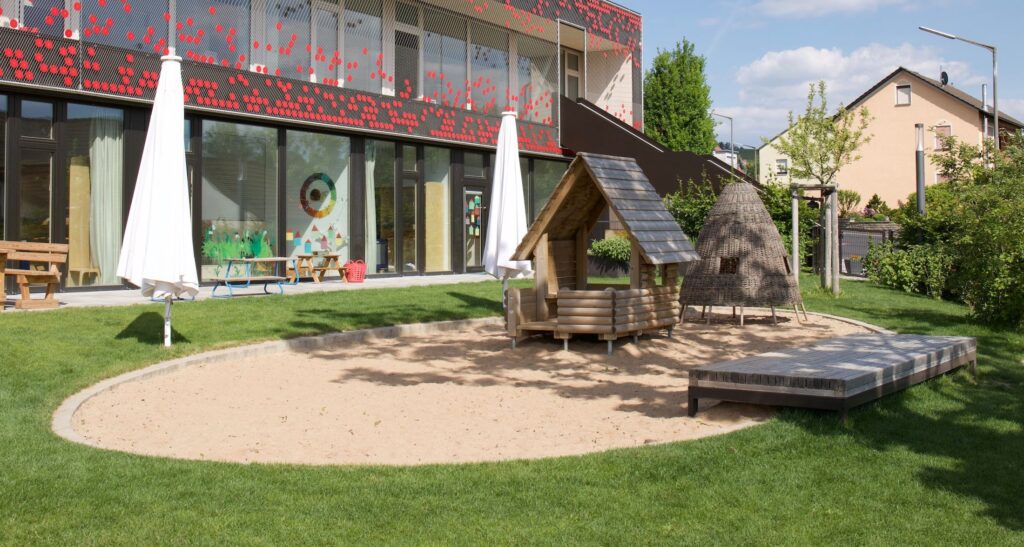 Garten der Kita mit Sankasten, Spielhaus und dem Gebäude im HIntergrund